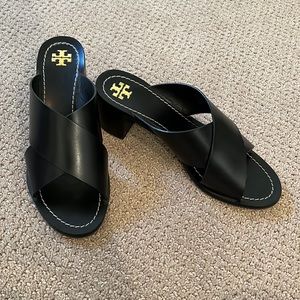 Like New Tory Burch Montrose Mule Slide Black Leather Heeled Sandal Size 9
